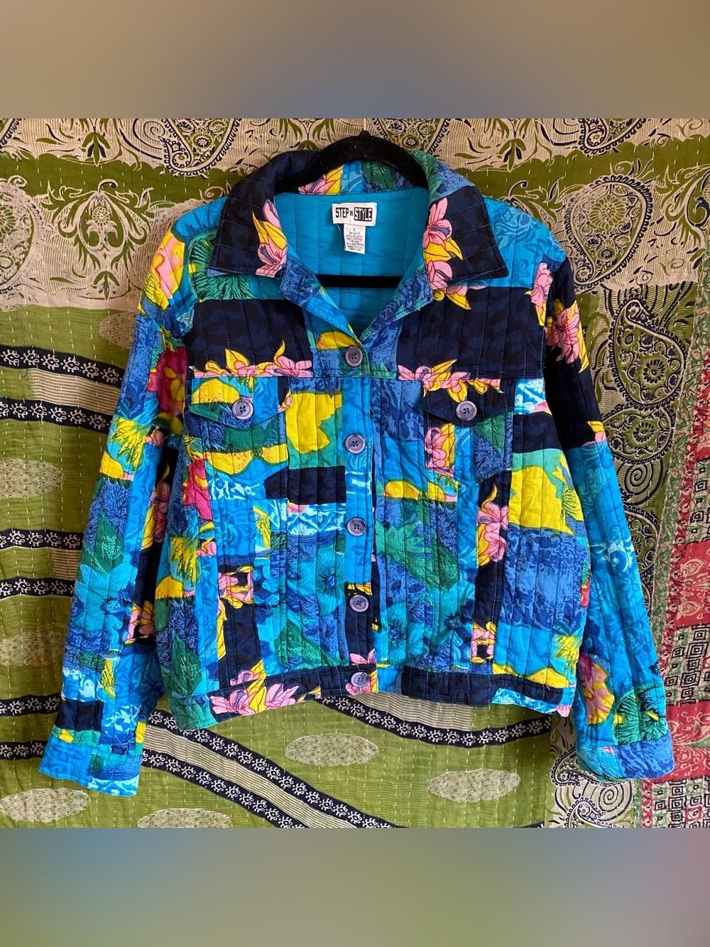 Vintage 90's Step In Style Blue Quilted Patchwork Jacket Large Retro Artsy